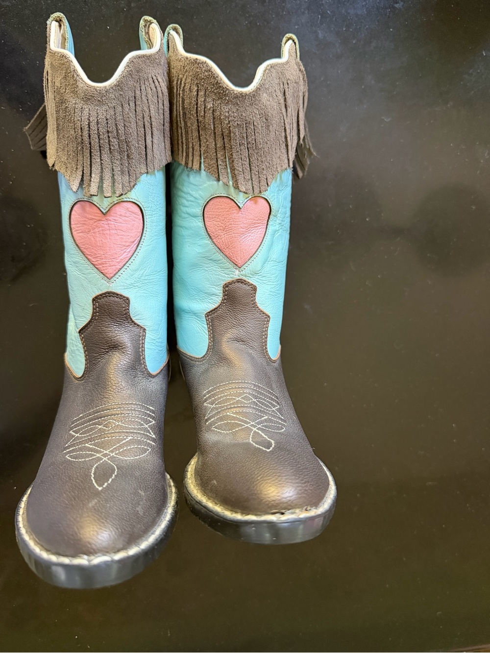Old West Brown, Turquoise & Pink Fringe Heart Cowboy Boots
